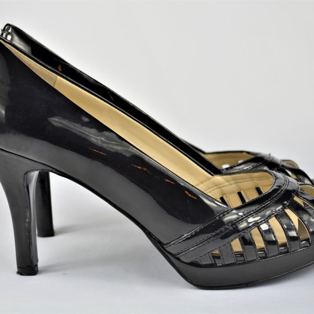 Nine West Women's Size 8.5M Black Patent Leather High Heel Peep Toe Pumps NW7VAW